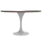 Table moderne LeisureMod Verve du milieu du siècle avec plateau rond de 48 po en MDF et base piédestal en acier blanc pour cuisine et salle à manger, en érable foncé