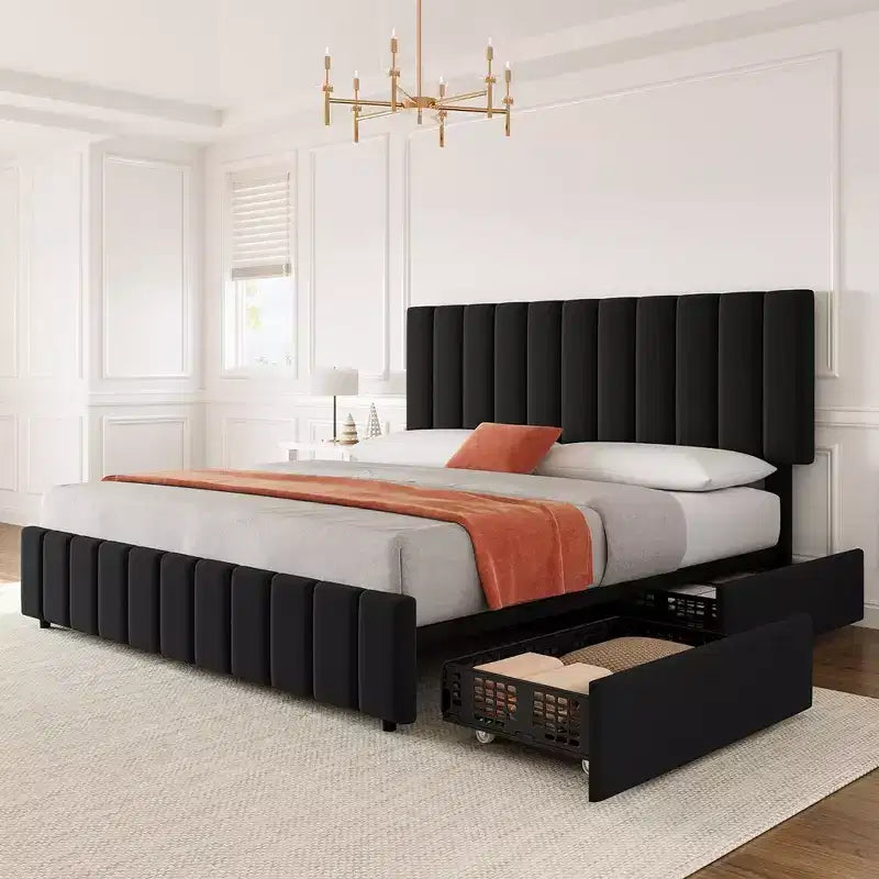 Whizmax Queen Size Bed Frame with Adjustable Headboard and 4 Storage Drawers, Linen Upholstered Platform Bed Frame, No Box Spring Needed