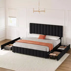 Cadre de lit Queen Size Whizmax avec tête de lit réglable et 4 tiroirs de rangement, sommier tapissier en lin, aucun sommier à ressorts requis