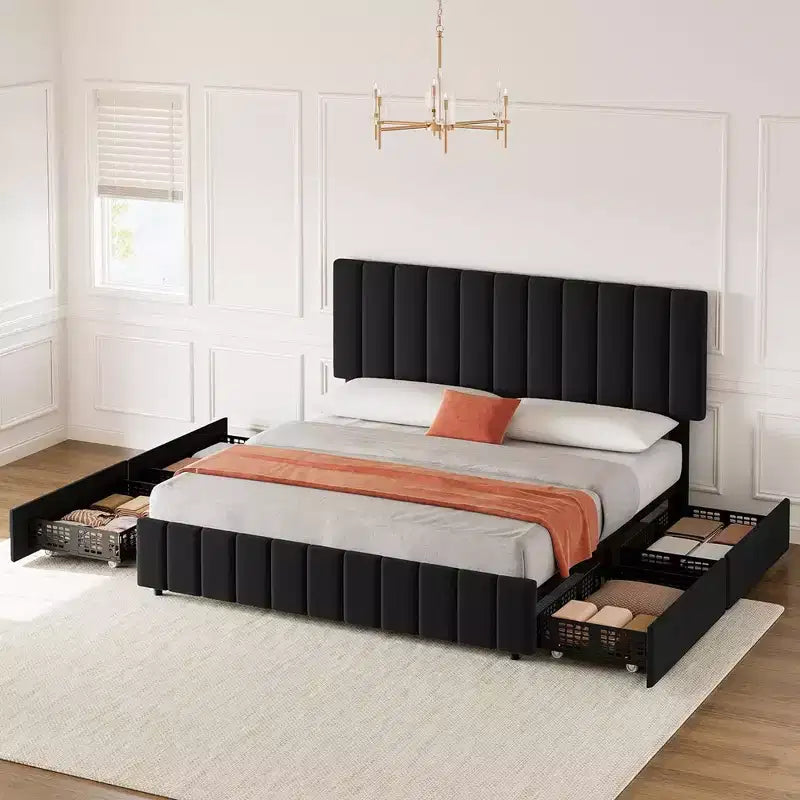 Cadre de lit Queen Size Whizmax avec tête de lit réglable et 4 tiroirs de rangement, sommier tapissier en lin, aucun sommier à ressorts requis
