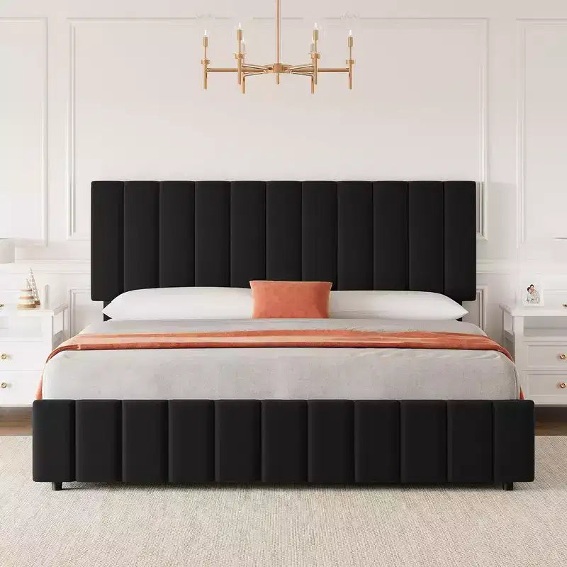 Cadre de lit Queen Size Whizmax avec tête de lit réglable et 4 tiroirs de rangement, sommier tapissier en lin, aucun sommier à ressorts requis