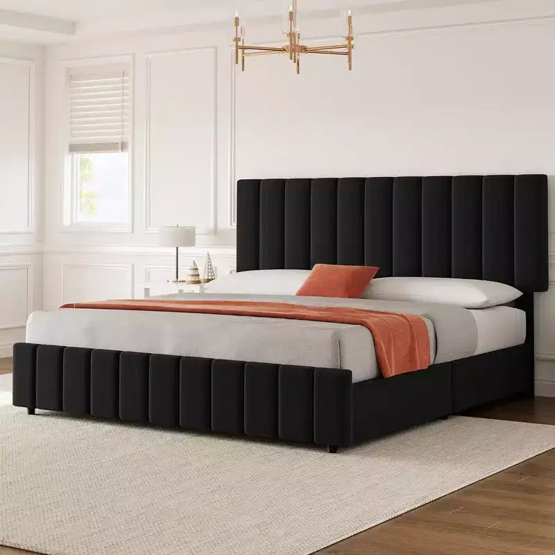 Cadre de lit Queen Size Whizmax avec tête de lit réglable et 4 tiroirs de rangement, sommier tapissier en lin, aucun sommier à ressorts requis