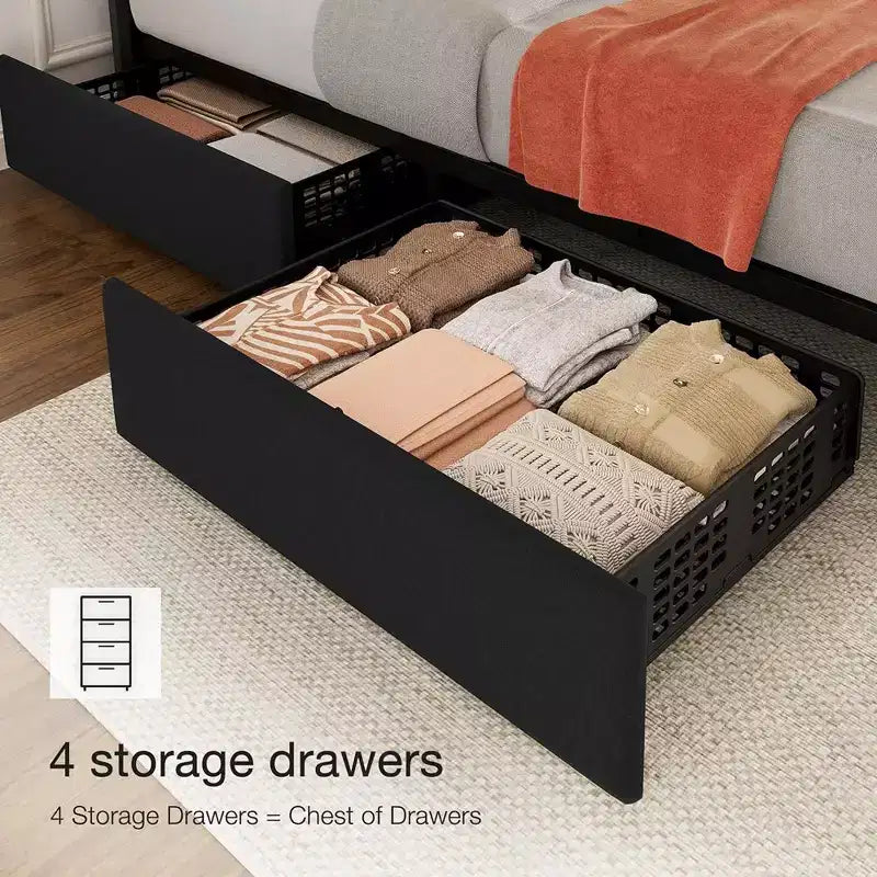 Cadre de lit Queen Size Whizmax avec tête de lit réglable et 4 tiroirs de rangement, sommier tapissier en lin, aucun sommier à ressorts requis