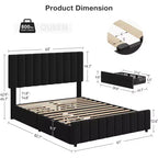 Cadre de lit Queen Size Whizmax avec tête de lit réglable et 4 tiroirs de rangement, sommier tapissier en lin, aucun sommier à ressorts requis