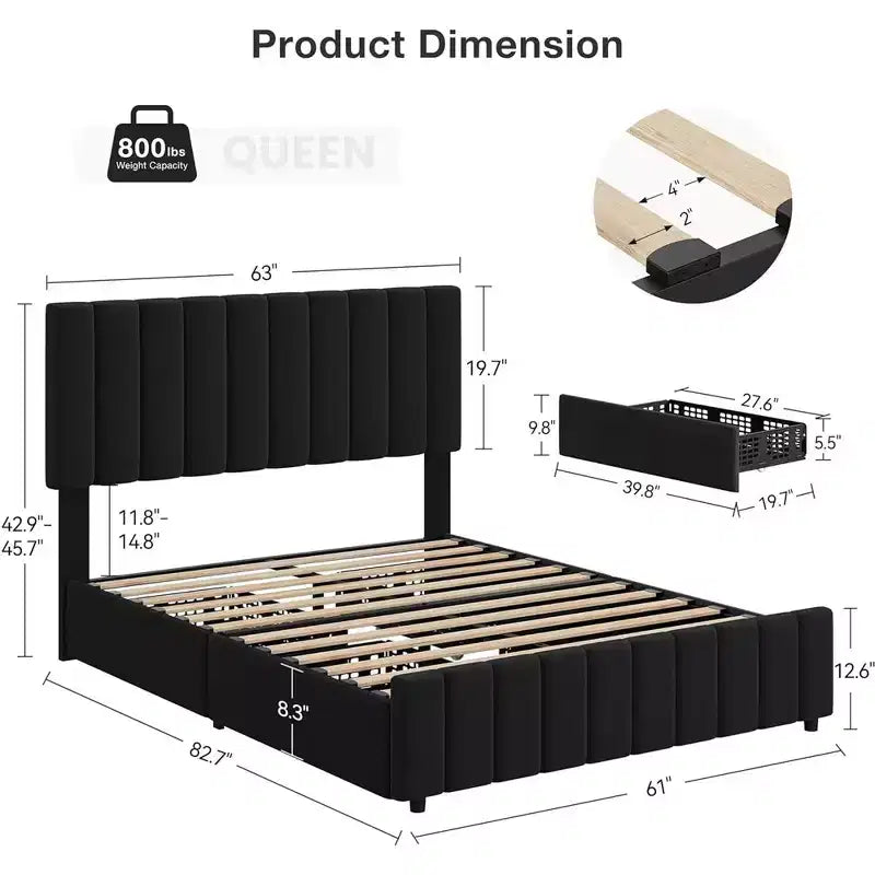Cadre de lit Queen Size Whizmax avec tête de lit réglable et 4 tiroirs de rangement, sommier tapissier en lin, aucun sommier à ressorts requis