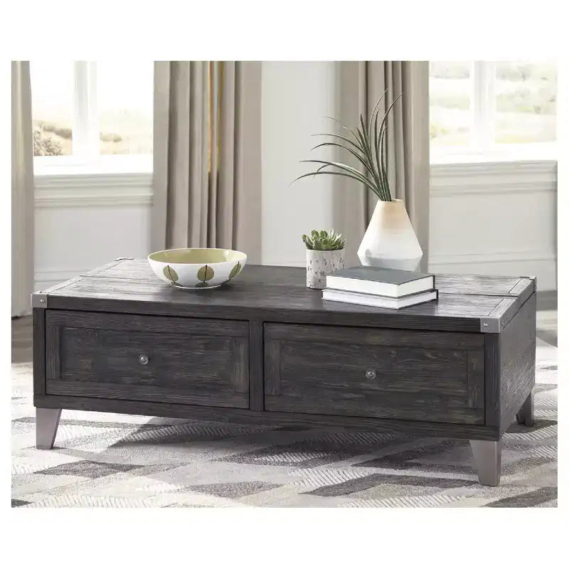 Table basse relevable Signature Design by Ashley Todoe, table basse industrielle rustique gris foncé avec deux tiroirs de rangement et plateaux amovibles