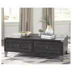 Table basse relevable Signature Design by Ashley Todoe, table basse industrielle rustique gris foncé avec deux tiroirs de rangement et plateaux amovibles