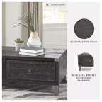 Table basse relevable Signature Design by Ashley Todoe, table basse industrielle rustique gris foncé avec deux tiroirs de rangement et plateaux amovibles