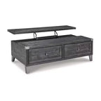 Table basse relevable Signature Design by Ashley Todoe, table basse industrielle rustique gris foncé avec deux tiroirs de rangement et plateaux amovibles