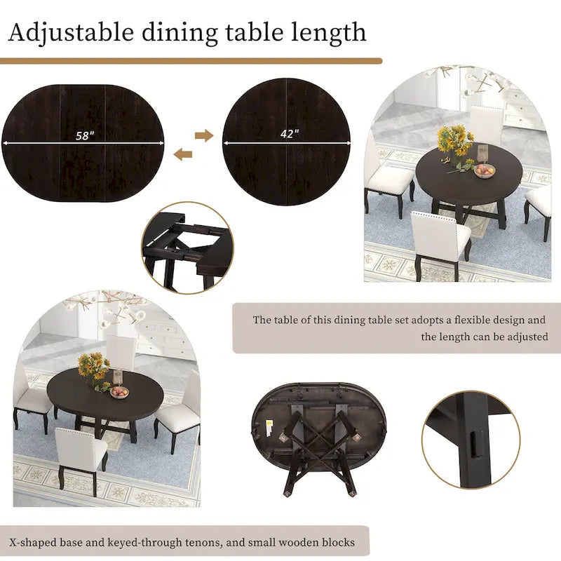Table de salle à manger ronde de style ferme extensible avec 16 rallonges en bois