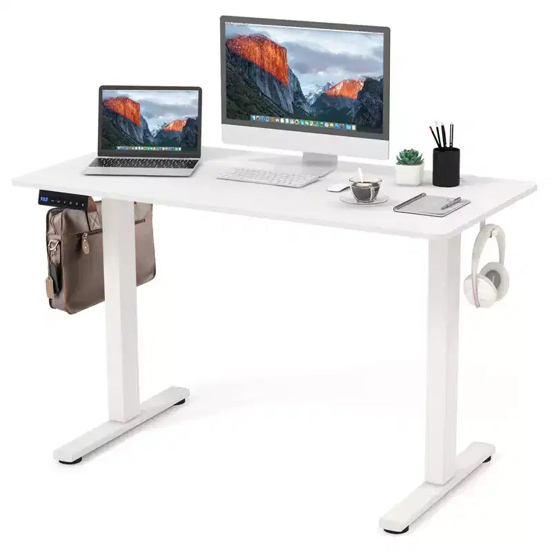 Costway Bureau Debout Électrique 122 x 61 cm, Réglable en Hauteur avec 3 Niveaux de Mémoire et 2 Trous de Gestion de Câbles Blanc Naturel/Brun Rustique/Naturel