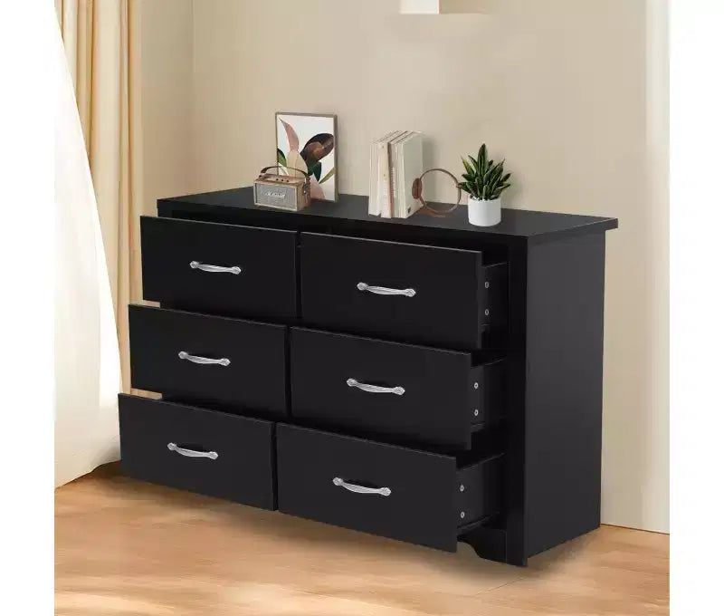 Commode moderne à 6 tiroirs, large commode de chambre en bois MDF avec finition résistante aux rayures, noir