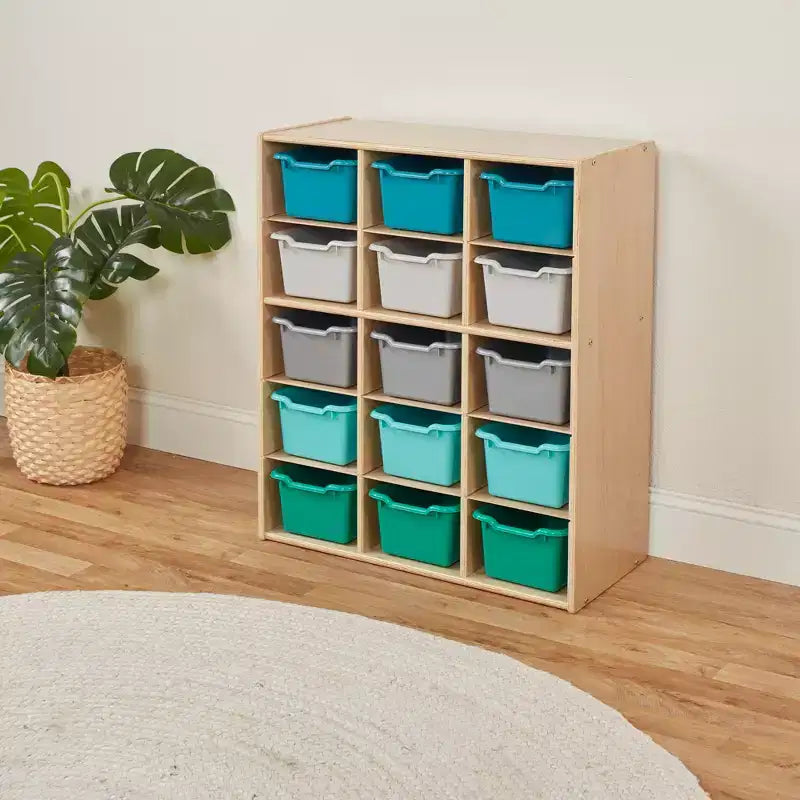 Meuble de rangement ECR4Kids Streamline à 15 casiers avec 15 bacs à façade incurvée, 5x3, mobilier pour enfants