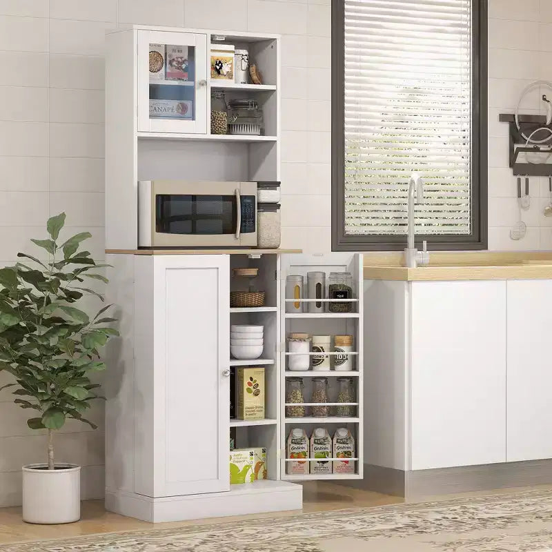 HOMCOM Buffet de cuisine de 169 cm avec support pour micro-ondes, Meuble de rangement de cuisine autonome avec vitrine et étagères réglables, Blanc