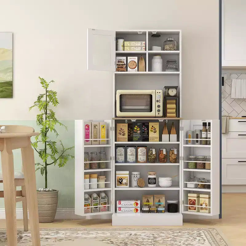 HOMCOM Buffet de cuisine de 169 cm avec support pour micro-ondes, Meuble de rangement de cuisine autonome avec vitrine et étagères réglables, Blanc
