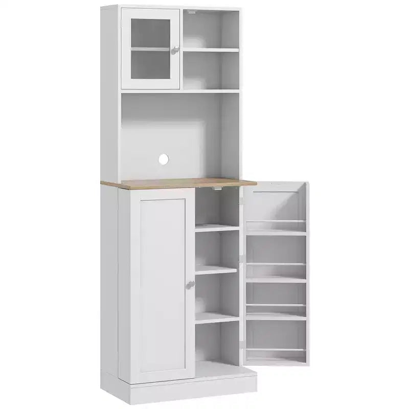 HOMCOM Buffet de cuisine de 169 cm avec support pour micro-ondes, Meuble de rangement de cuisine autonome avec vitrine et étagères réglables, Blanc