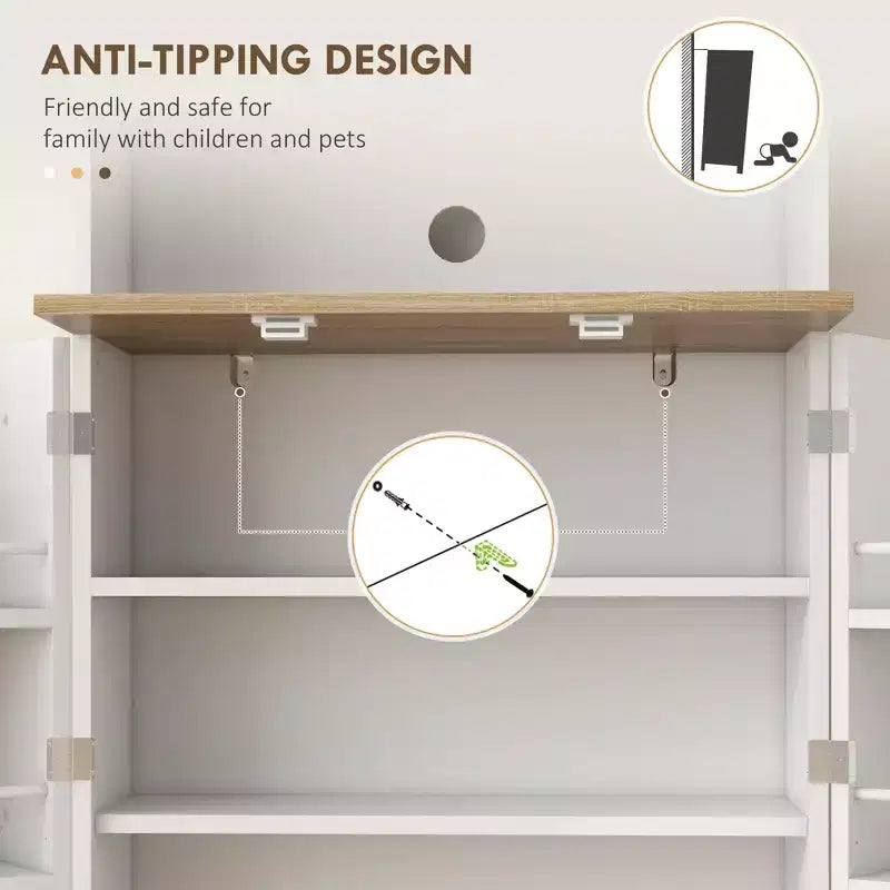 HOMCOM Buffet de cuisine de 169 cm avec support pour micro-ondes, Meuble de rangement de cuisine autonome avec vitrine et étagères réglables, Blanc