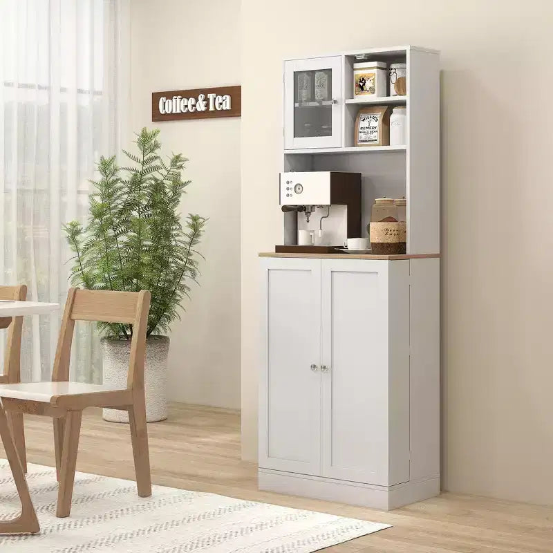 HOMCOM Buffet de cuisine de 169 cm avec support pour micro-ondes, Meuble de rangement de cuisine autonome avec vitrine et étagères réglables, Blanc