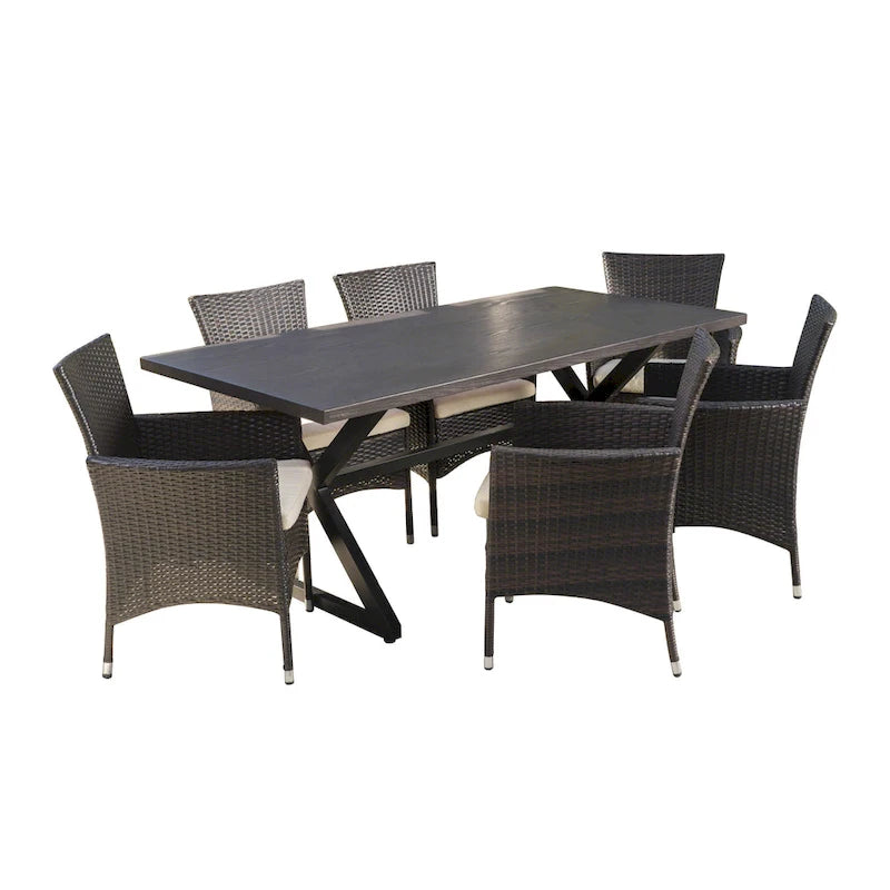 Ensemble de salle à manger rectangulaire 7 pièces Dion Outdoor en osier et aluminium avec coussins de Christopher Knight Home