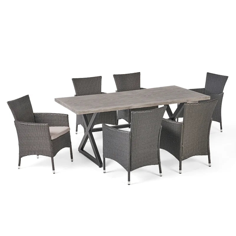 Ensemble de salle à manger rectangulaire 7 pièces Dion Outdoor en osier et aluminium avec coussins de Christopher Knight Home