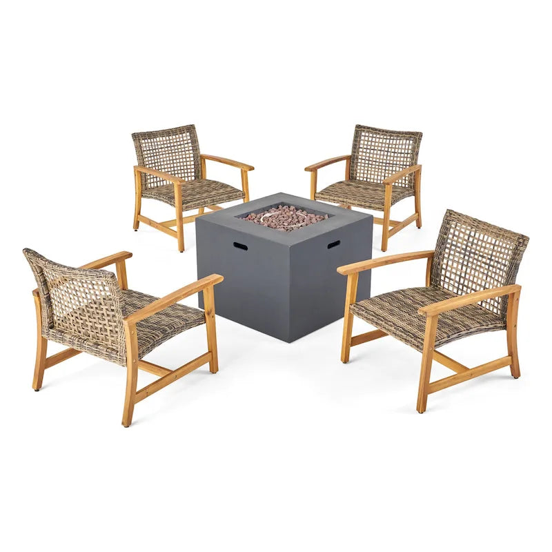 Ensemble de 5 fauteuils de club et d'un foyer d'extérieur en bois et osier Augusta par Christopher Knight Home