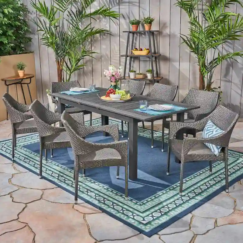 Damon Outdoor 9 Piece Wood and Wicker Expandable Dining Set by Christopher Knight Home