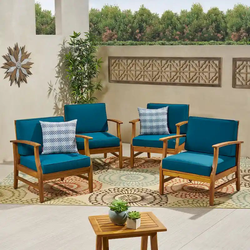 Fauteuil de club Perla d'extérieur en bois d'acacia avec coussin (lot de 4) par Christopher Knight Home