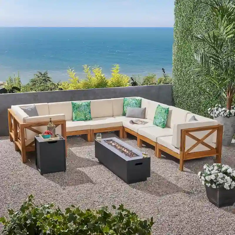 Thasos Canapé d'angle en U 8 places en bois d'acacia avec foyer par Christopher Knight Home