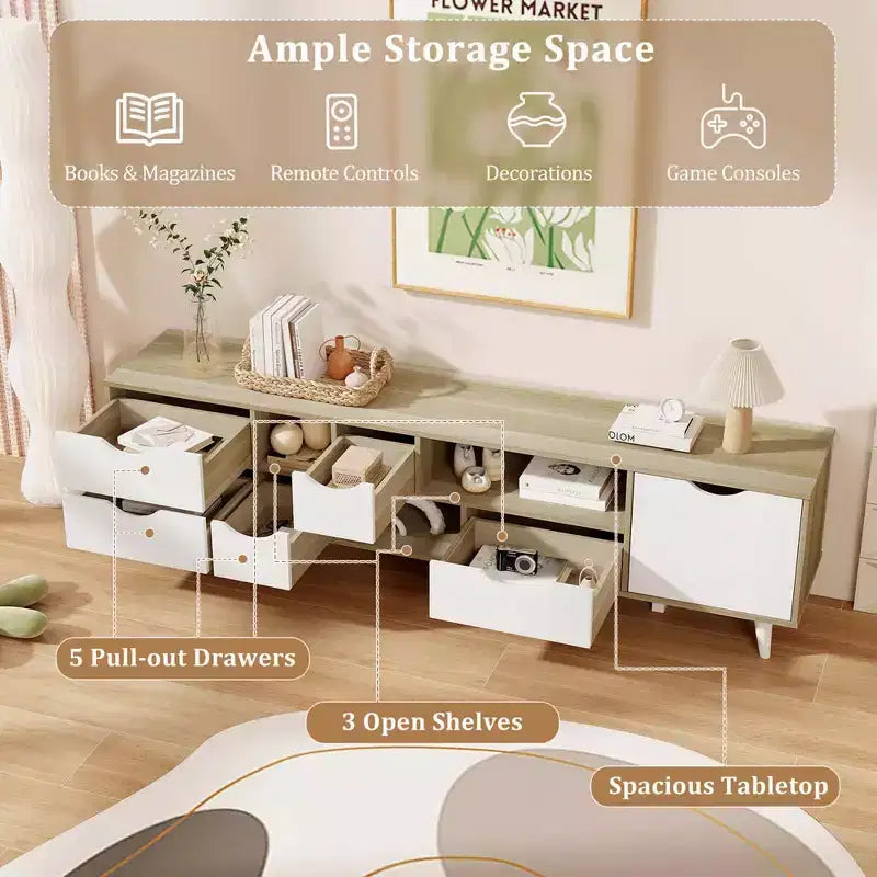 Meuble TV Costway pour téléviseurs jusqu'à 65 pouces avec rangement, 5 tiroirs et 3 étagères ouvertes pour chambre à coucher
