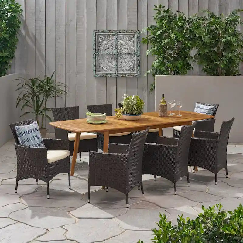 Ensemble de salle à manger d'extérieur 9 pièces Algoma Wood and Wicker par Christopher Knight Home
