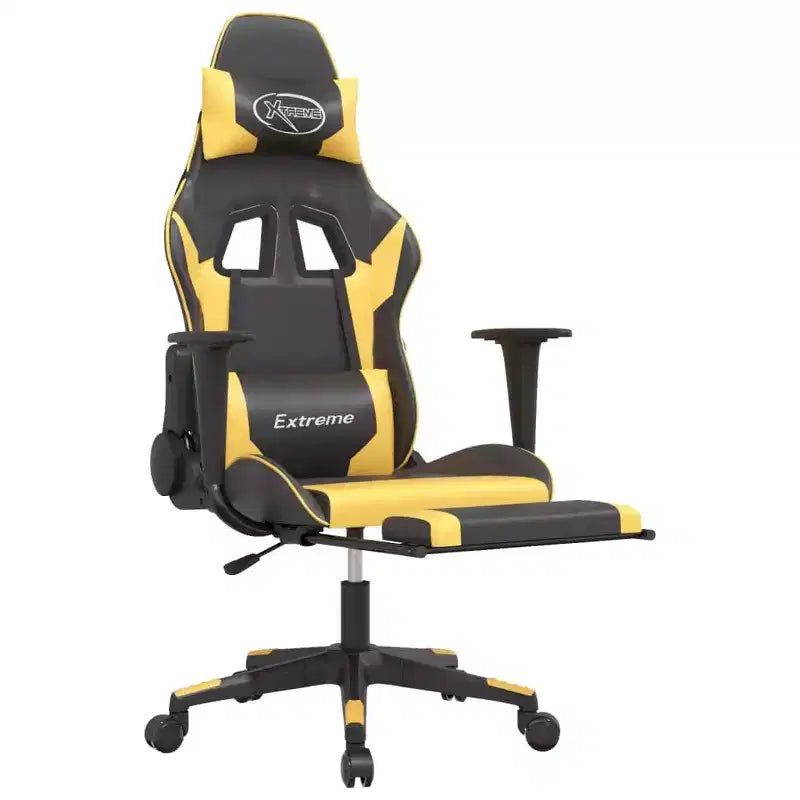 vidaXL Chaise de massage gaming en similicuir noir et doré avec repose-pieds, dossier réglable et design pivotant, un confort robuste et élégant pour les joueurs