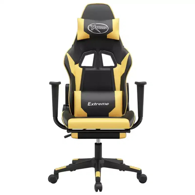 vidaXL Chaise de massage gaming en similicuir noir et doré avec repose-pieds, dossier réglable et design pivotant, un confort robuste et élégant pour les joueurs