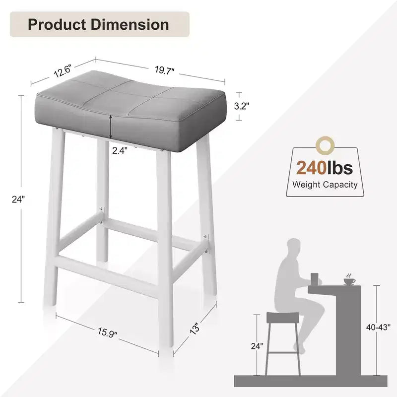 Whizmax Lot de 2 tabourets de bar sans dossier de 24 pouces, tabourets de bar rembourrés à hauteur de comptoir avec surface incurvée, pieds et repose-pieds en métal