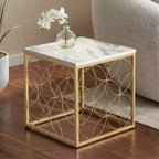 Table d'appoint Studio 55D Karin Modern Glam carrée 17 po de large, dessus en marbre artificiel blanc et or pour salon, chambre à coucher, chevet