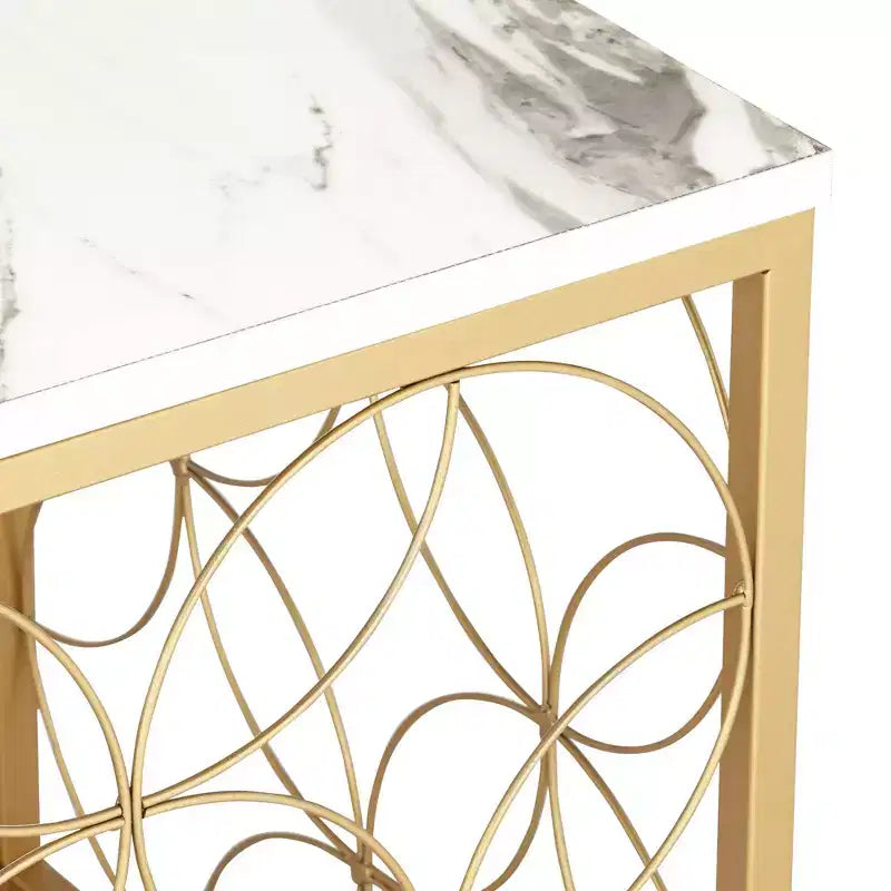 Table d'appoint Studio 55D Karin Modern Glam carrée 17 po de large, dessus en marbre artificiel blanc et or pour salon, chambre à coucher, chevet
