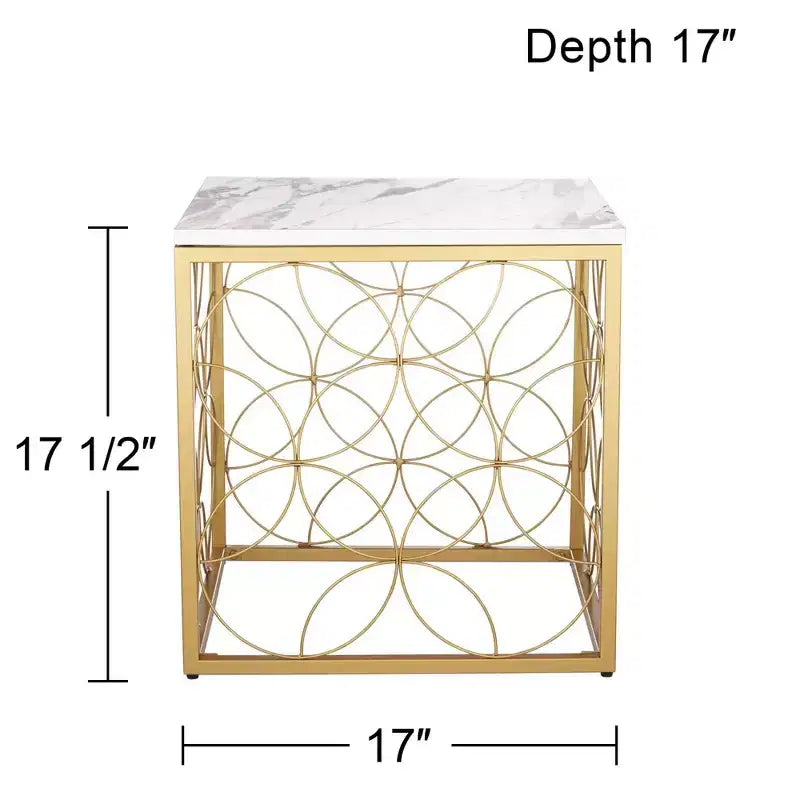 Table d'appoint Studio 55D Karin Modern Glam carrée 17 po de large, dessus en marbre artificiel blanc et or pour salon, chambre à coucher, chevet