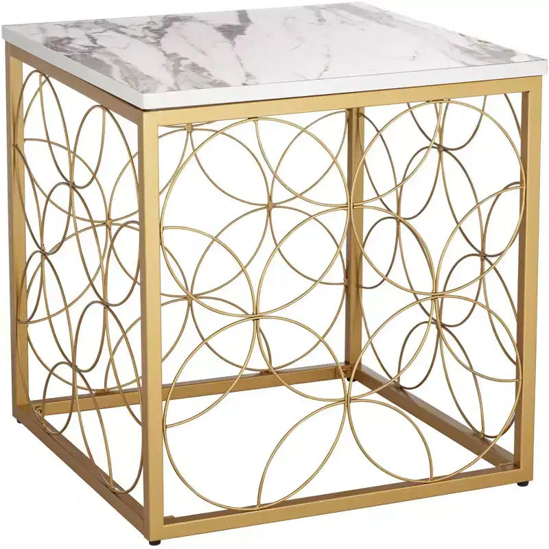 Table d'appoint Studio 55D Karin Modern Glam carrée 17 po de large, dessus en marbre artificiel blanc et or pour salon, chambre à coucher, chevet