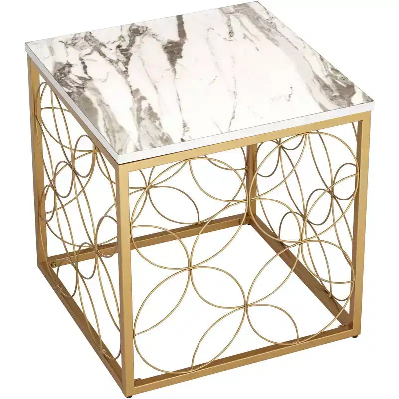 Table d'appoint Studio 55D Karin Modern Glam carrée 17 po de large, dessus en marbre artificiel blanc et or pour salon, chambre à coucher, chevet