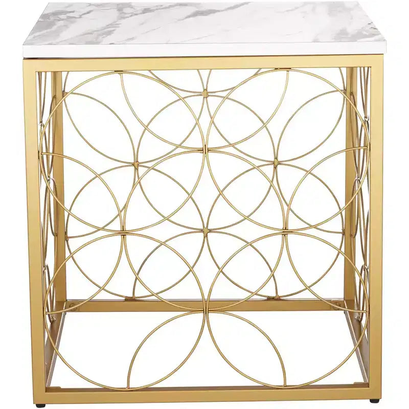 Table d'appoint Studio 55D Karin Modern Glam carrée 17 po de large, dessus en marbre artificiel blanc et or pour salon, chambre à coucher, chevet
