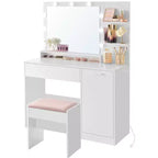 VASAGLE Coiffeuse avec Miroir et Lumières, Coiffeuse Maquillage de 110 cm de Large avec Tabouret Rembourré, Lumières LED Dimmables, Blanc Nuage