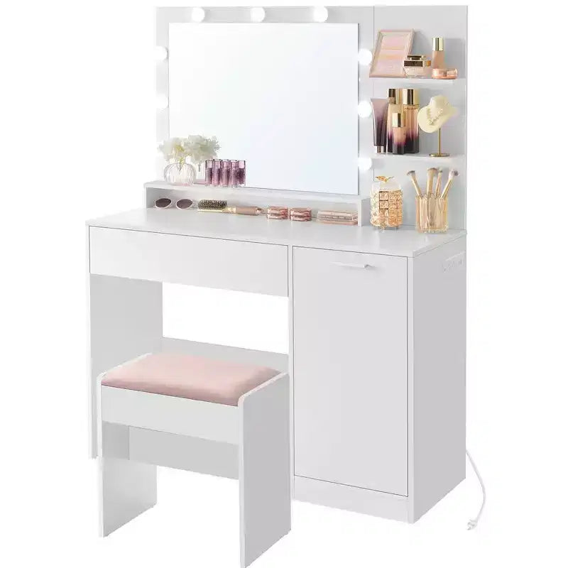 VASAGLE Coiffeuse avec Miroir et Lumières, Coiffeuse Maquillage de 110 cm de Large avec Tabouret Rembourré, Lumières LED Dimmables, Blanc Nuage