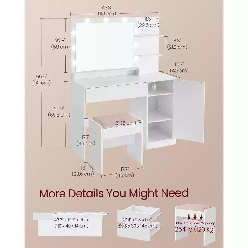 VASAGLE Coiffeuse avec Miroir et Lumières, Coiffeuse Maquillage de 110 cm de Large avec Tabouret Rembourré, Lumières LED Dimmables, Blanc Nuage