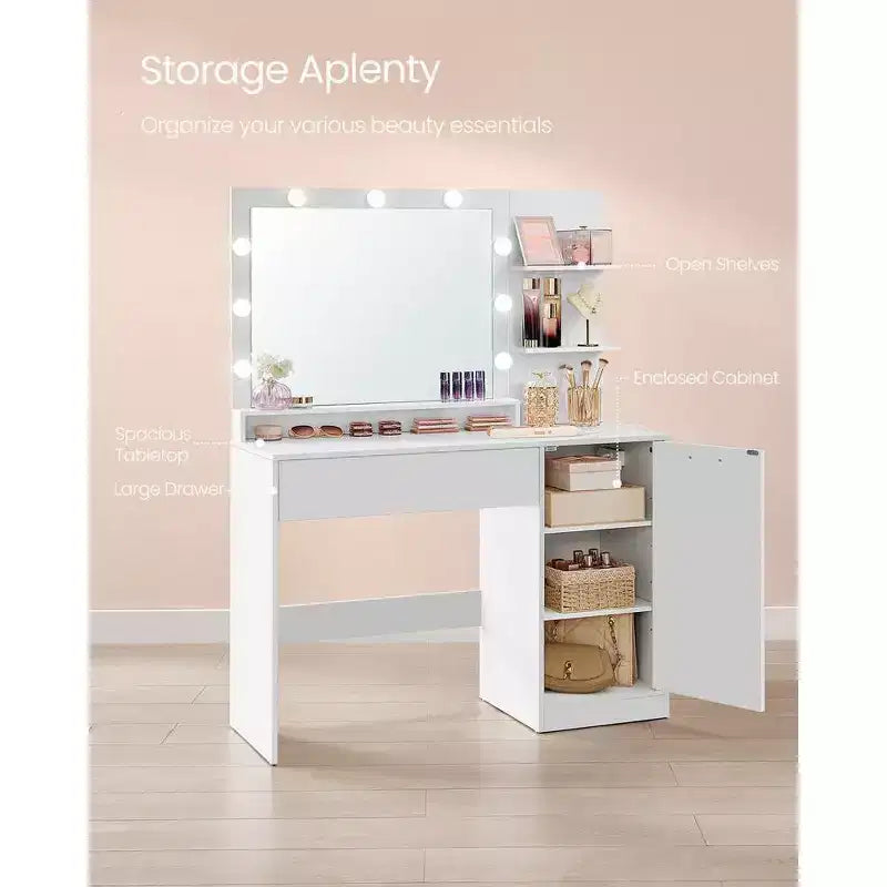 VASAGLE Coiffeuse avec Miroir et Lumières, Coiffeuse Maquillage de 110 cm de Large avec Tabouret Rembourré, Lumières LED Dimmables, Blanc Nuage