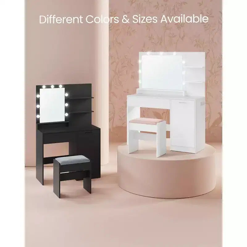 VASAGLE Coiffeuse avec Miroir et Lumières, Coiffeuse Maquillage de 110 cm de Large avec Tabouret Rembourré, Lumières LED Dimmables, Blanc Nuage