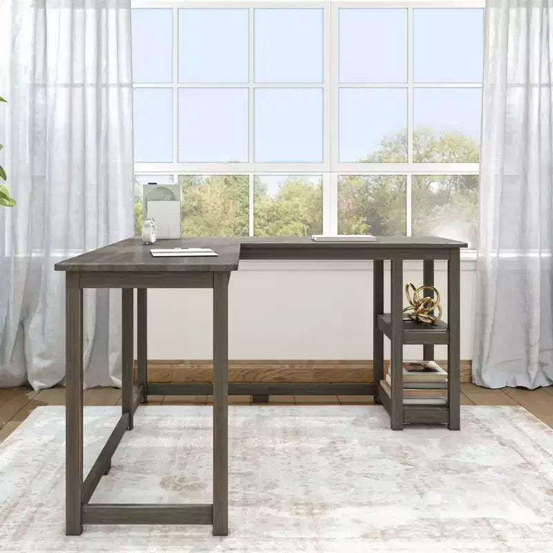 Bureau d'angle en bois massif Plank+Beam avec étagères de rangement pour bureau à domicile, jeux vidéo et ordinateur