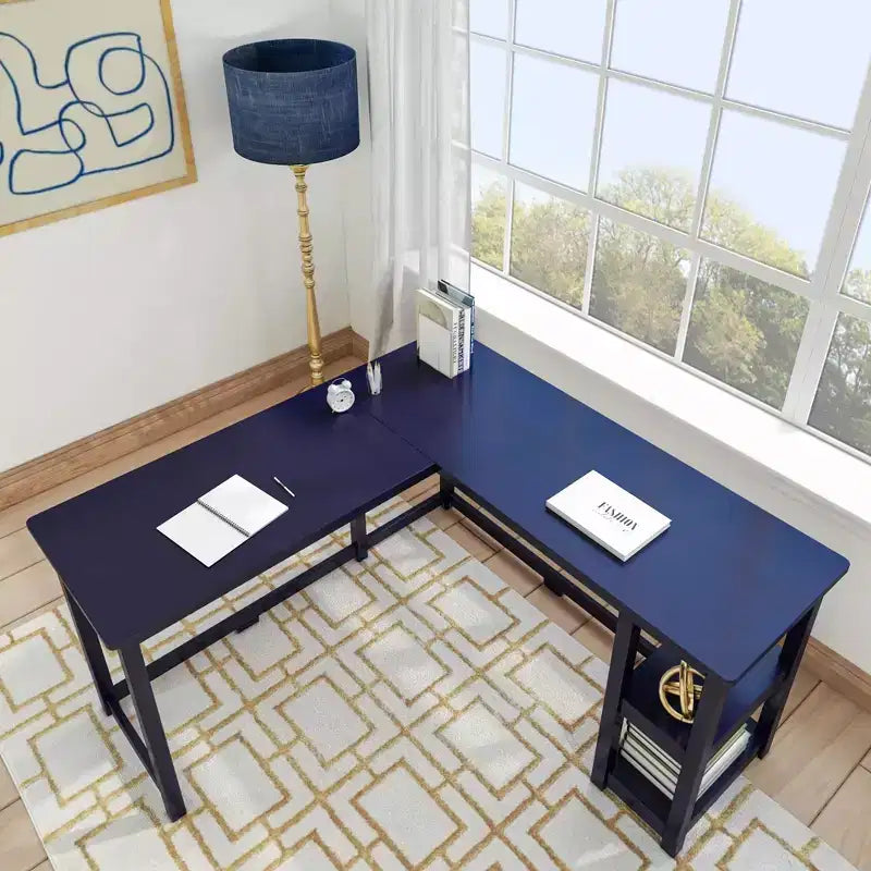 Bureau d'angle en bois massif Plank+Beam avec étagères de rangement pour bureau à domicile, jeux vidéo et ordinateur