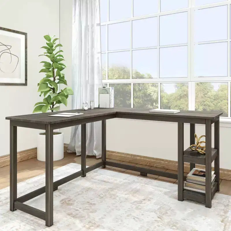 Bureau d'angle en bois massif Plank+Beam avec étagères de rangement pour bureau à domicile, jeux vidéo et ordinateur