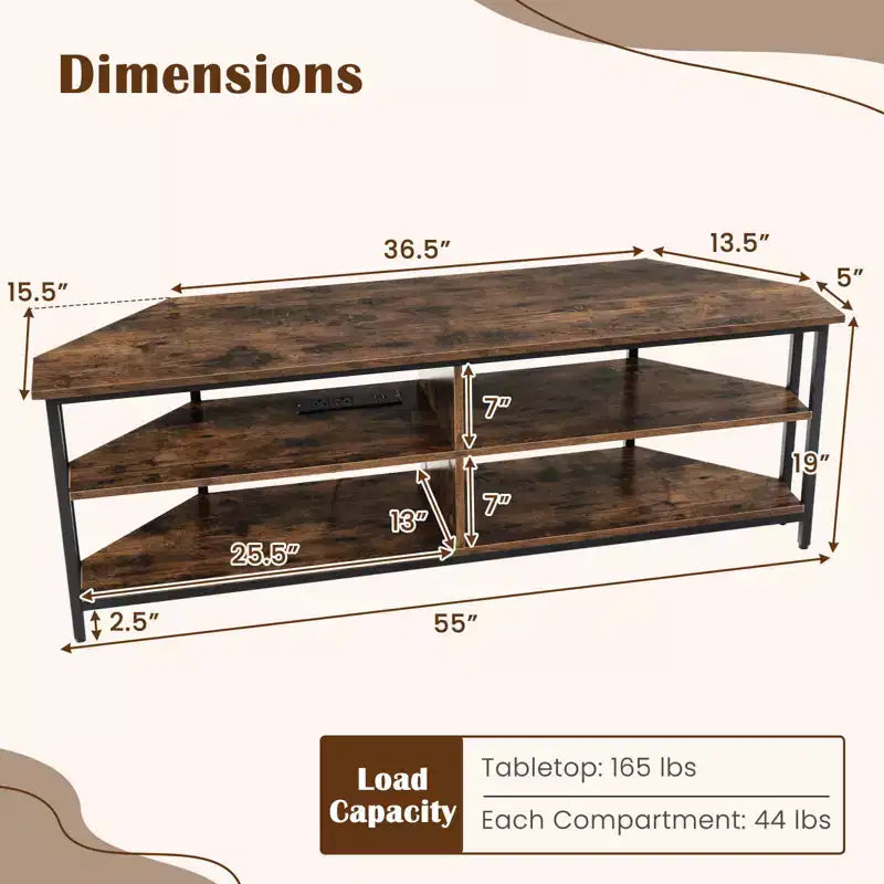 Meuble TV d'angle Costway pour téléviseurs jusqu'à 65 pouces, table console TV avec prises CA et ports USB A, marron rustique/noir/blanc