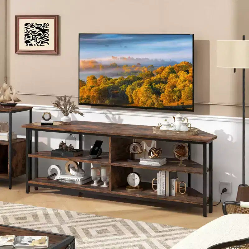 Meuble TV d'angle Costway pour téléviseurs jusqu'à 65 pouces, table console TV avec prises CA et ports USB A, marron rustique/noir/blanc
