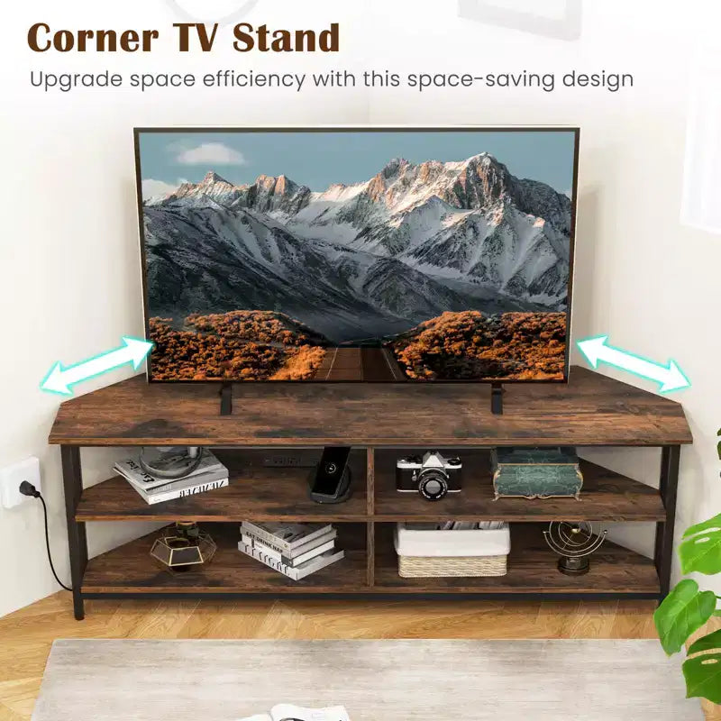 Meuble TV d'angle Costway pour téléviseurs jusqu'à 65 pouces, table console TV avec prises CA et ports USB A, marron rustique/noir/blanc